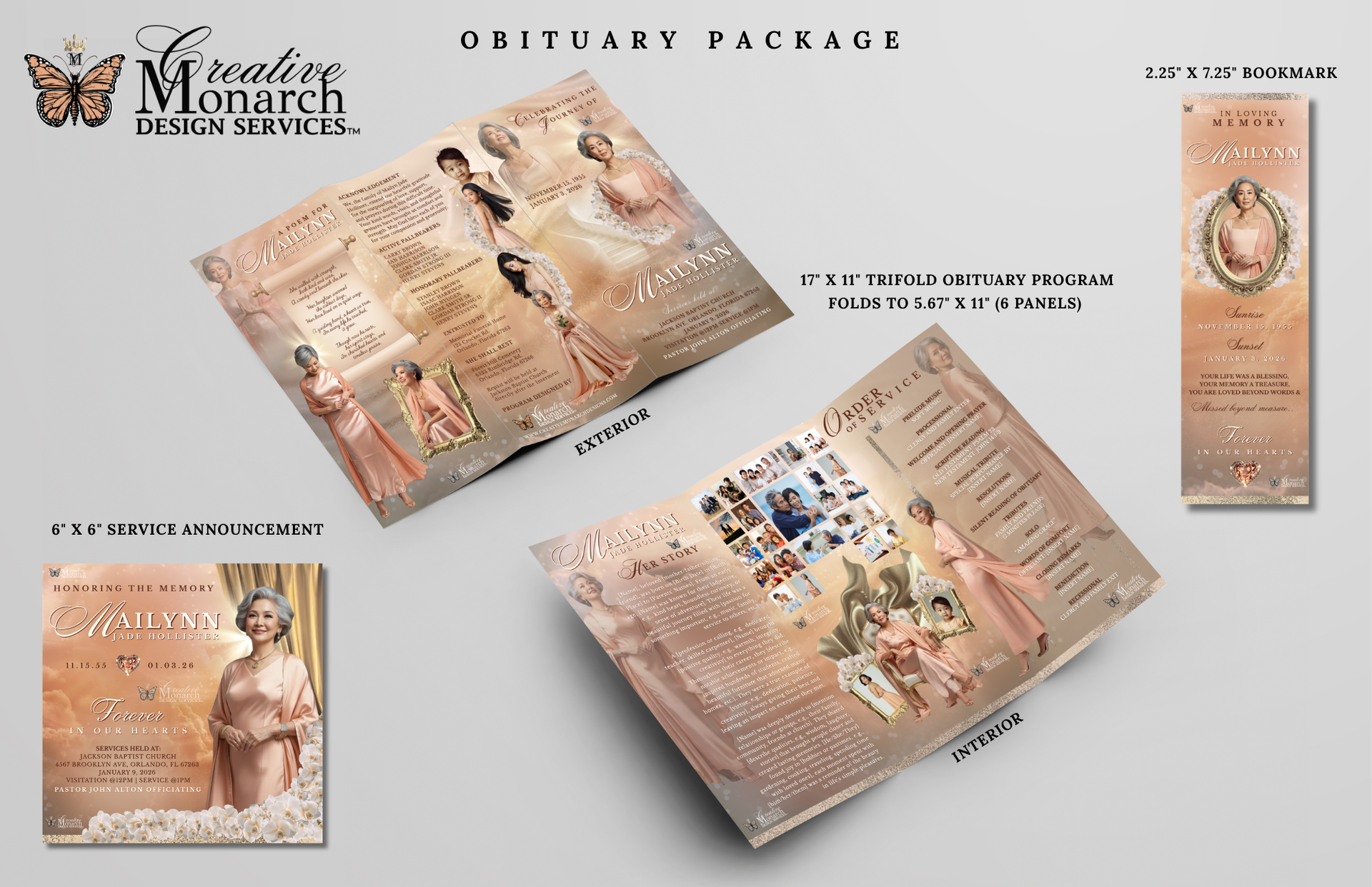Brochure package design with photos and Creative Monarch Design Services logo, on a gold and pink background.