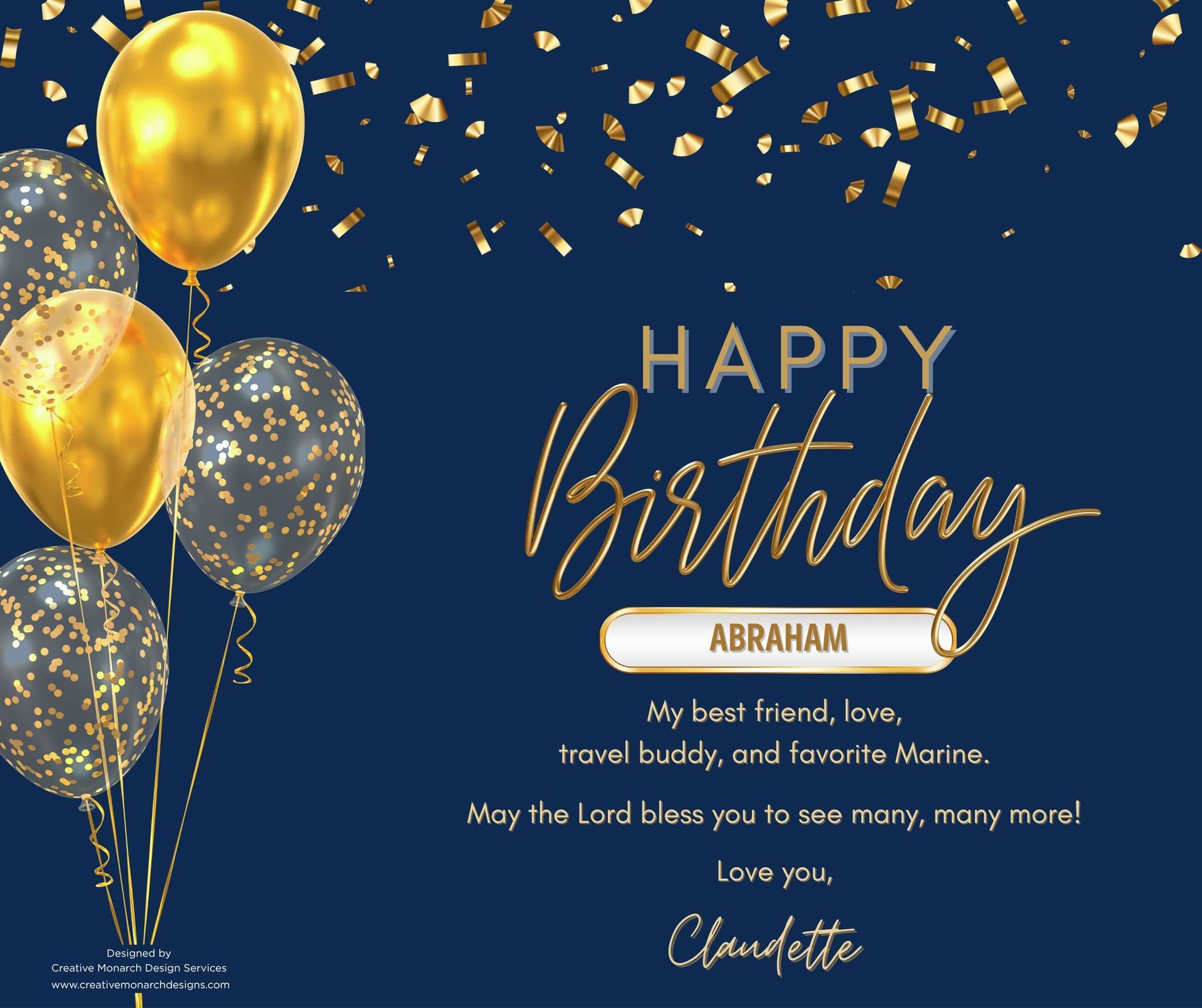 Birthday card for Abraham with gold balloons and confetti on a navy blue background.
