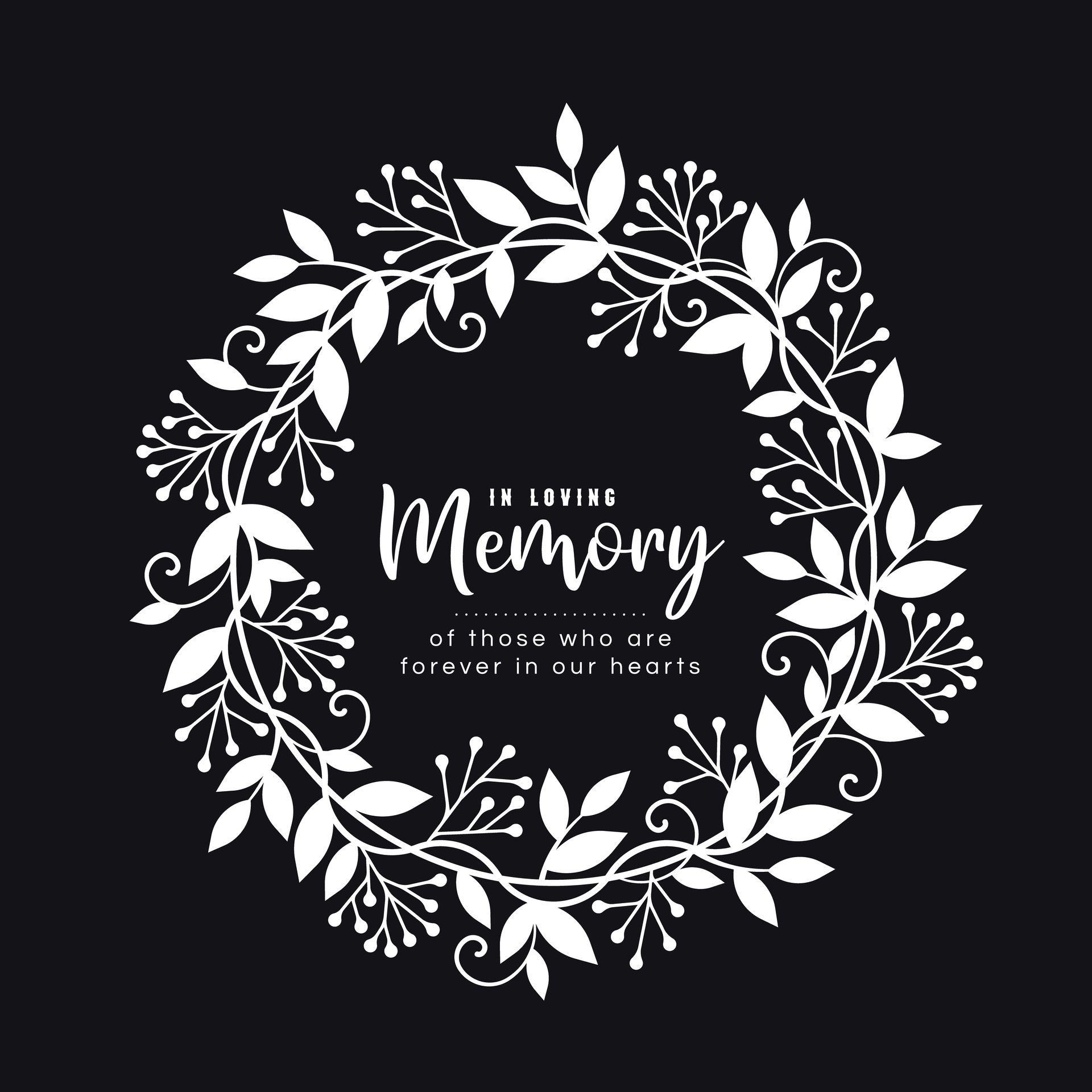 A wreath of white leaves on a black background with the words