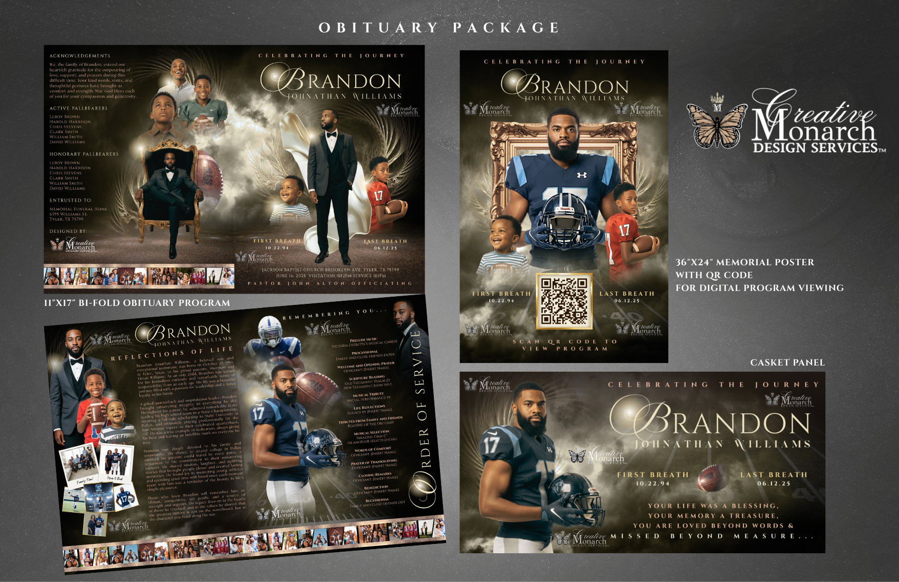 Memorial service package featuring a man's portrait, family photos, and a football jersey design; golden accents.