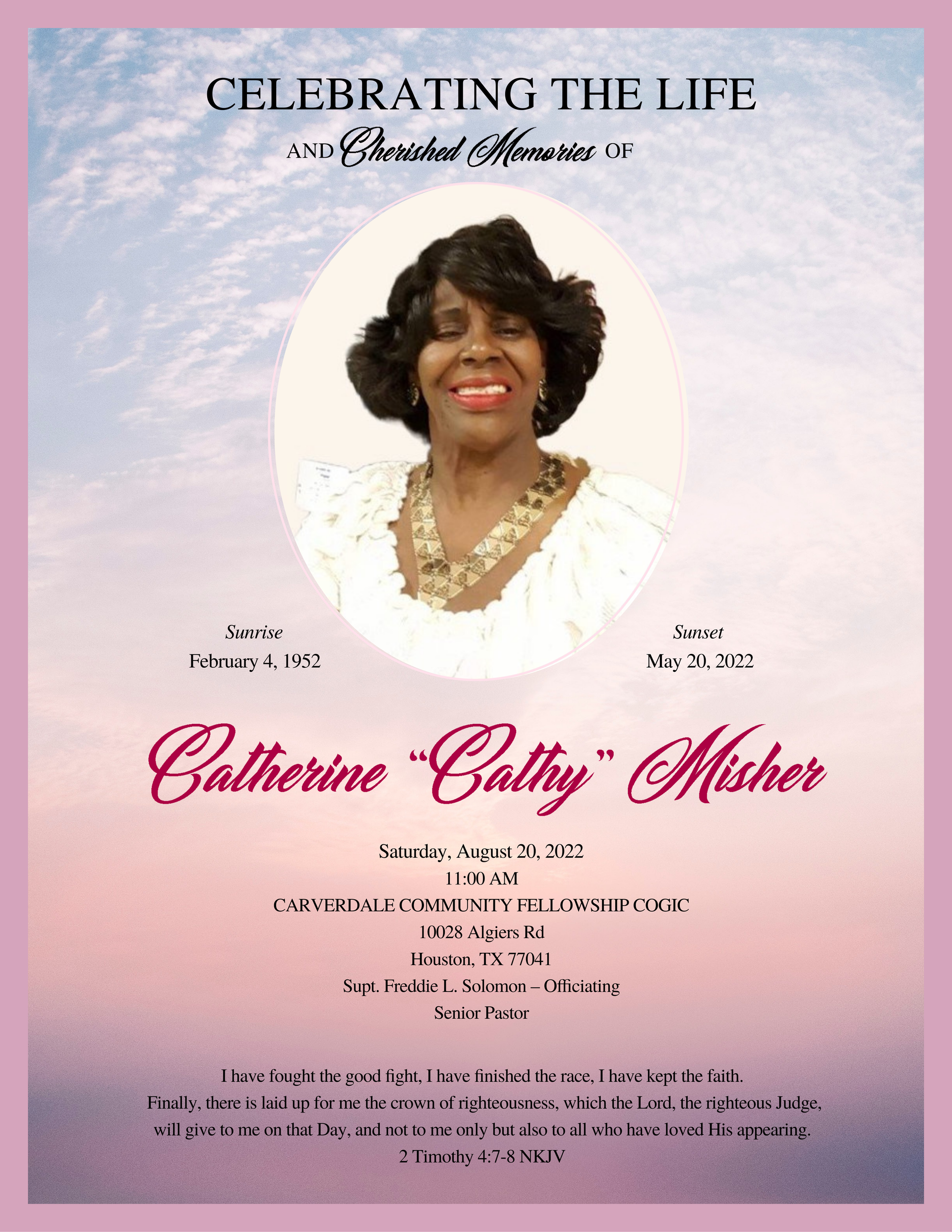 Memorial program with pink and blue cloud background, pink border, service details, and an oval photo in the center.