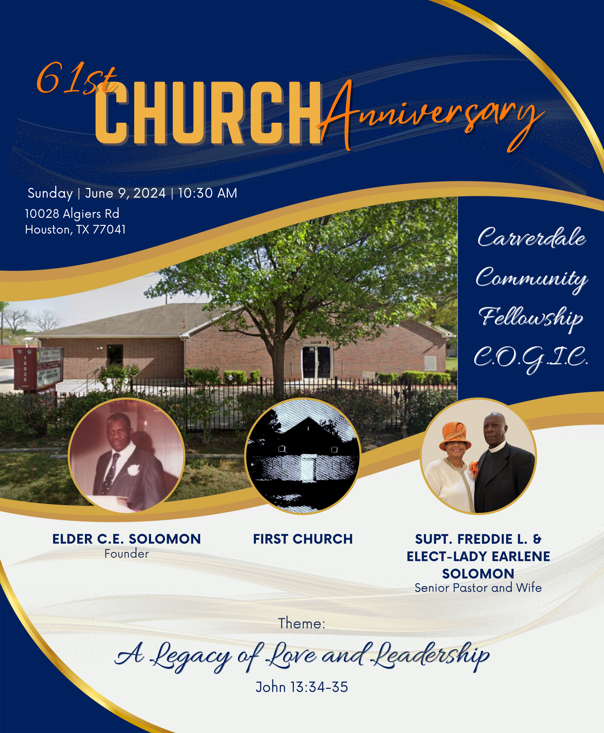 A church anniversary program celebrating 61 years with blue, gold, and cream cover.