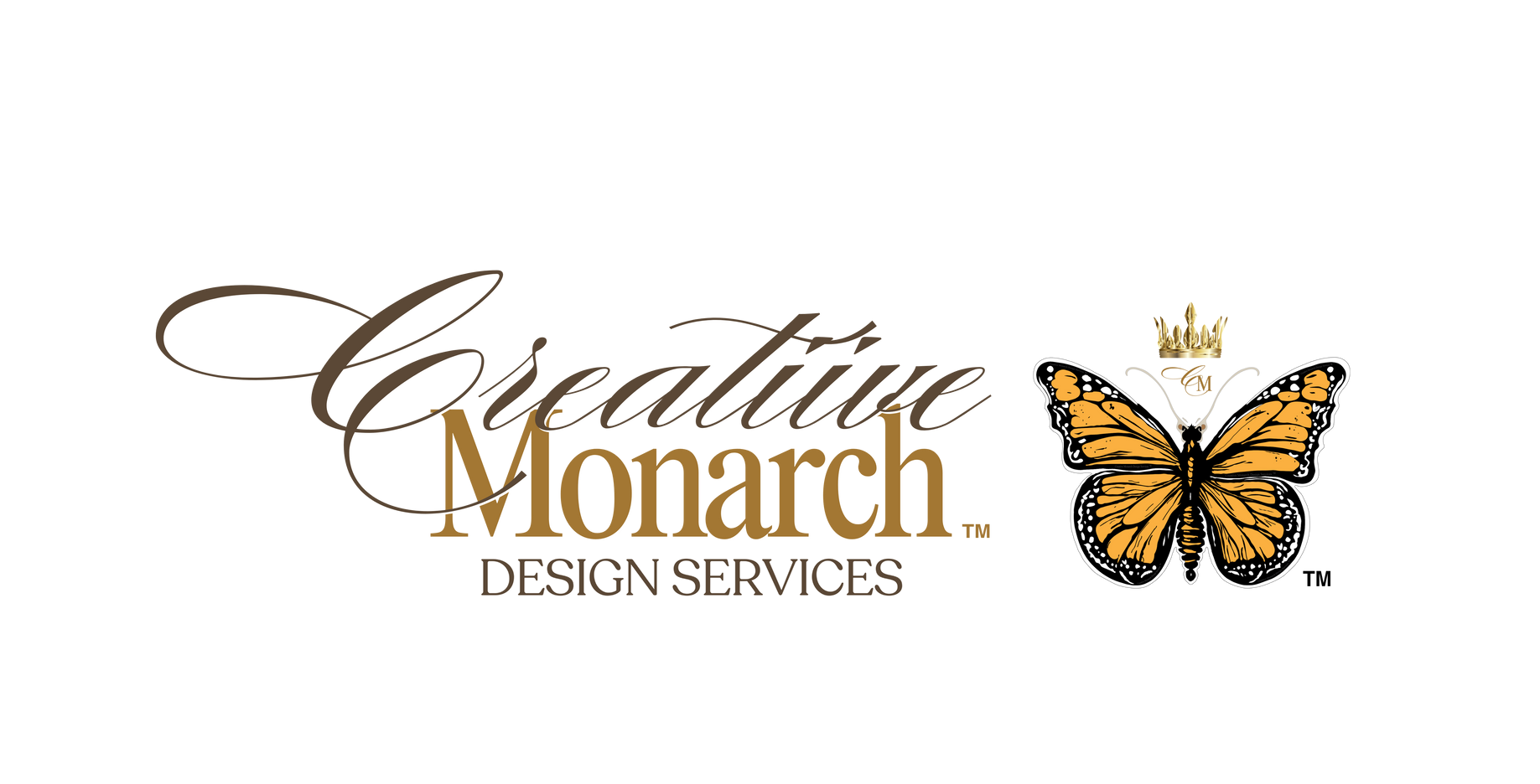 Creative Monarch Design Services™ logo with stylized font,  a crowned monarch butterfly, and 