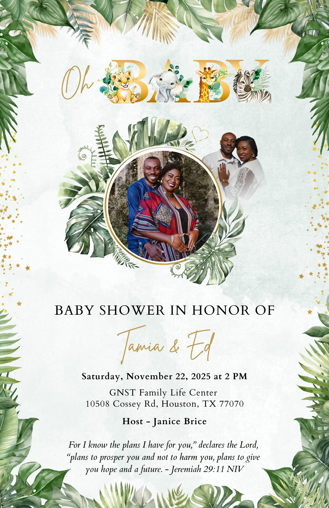 Baby shower invitation featuring couple's photo, jungle theme, event details.