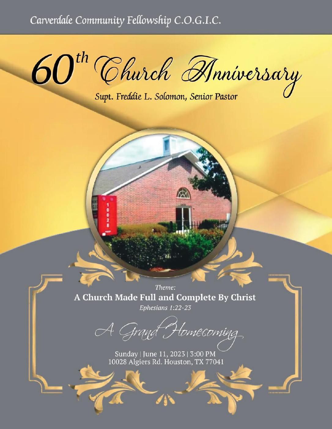 60th church anniversary booklet with gray and gold cover and photo of the church in the center.