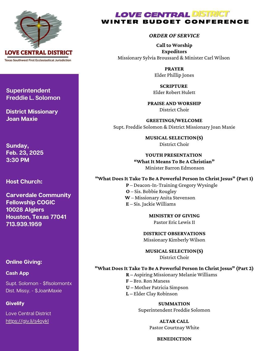 Poster for Love Central District Winter Budget Conference on Feb. 23. Contains list of attendees and conference details.