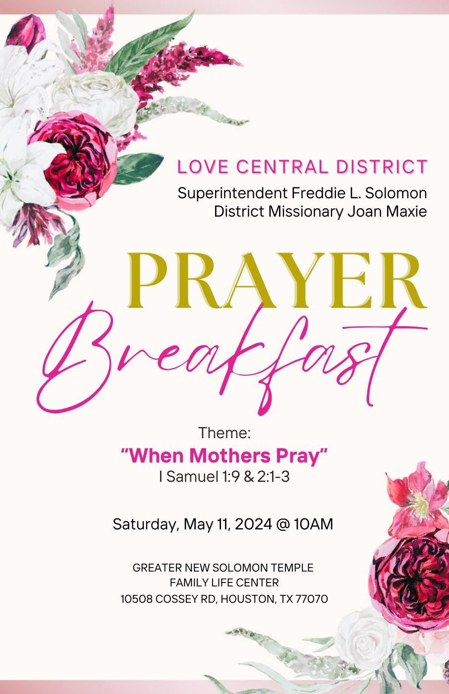 Flyer for a prayer breakfast. Features floral accents, text that reads “Prayer Breakfast,” and event details.