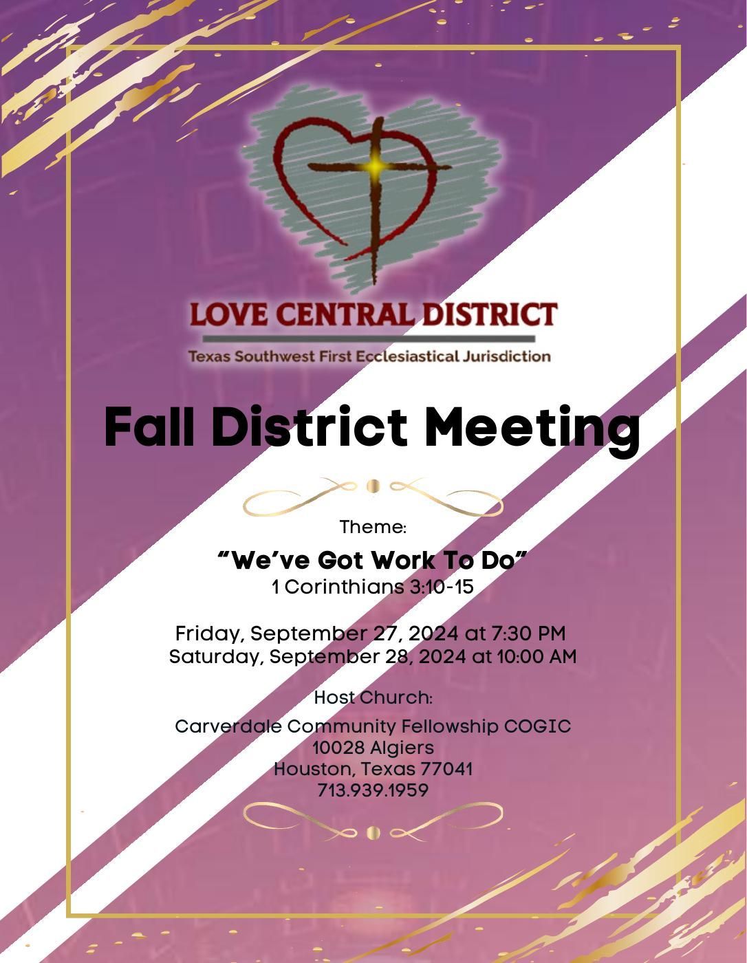 Purple flyer for the Love Central District Fall Meeting in Houston, September 2024.