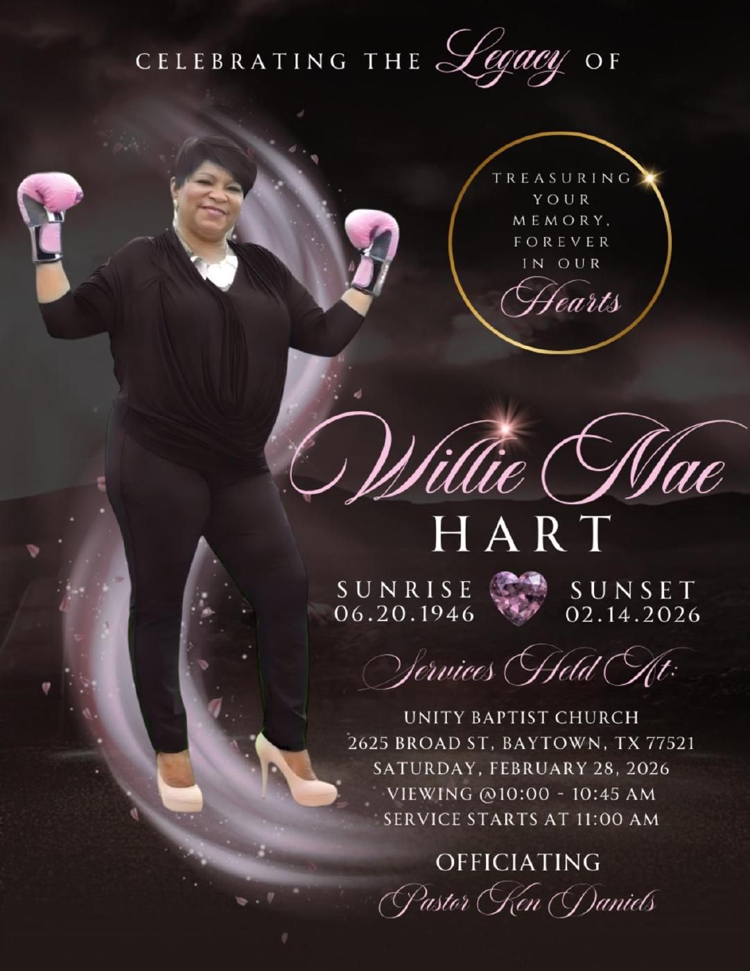 Memorial program cover for Willie Mae Hart, pink boxing gloves raised. The program is dark gray with pink and white. Service details and location are provided.