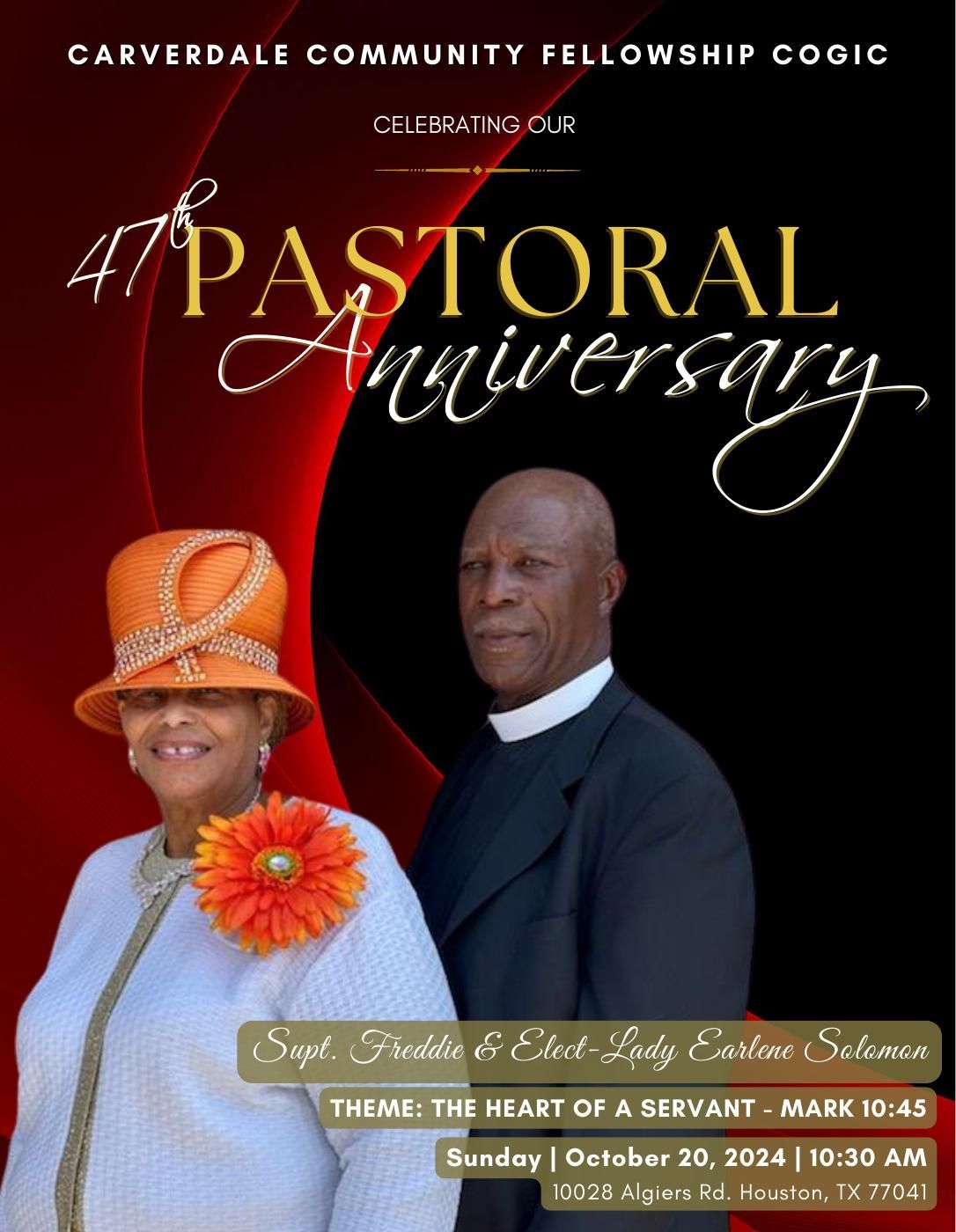 Pastor and Wife's 46th anniversary program with a blue background, silver accents, and event details in white text.