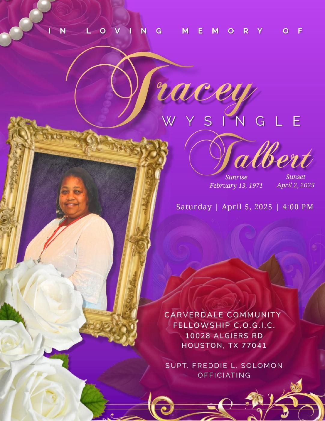 Memorial service program with pearl accents, red roses, gold and white text, service details, and photo in a gold frame.