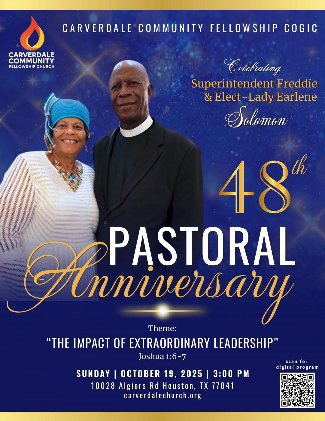 48th Pastoral Anniversary program cover. Pastor and wife in formal wear with gold text. Includes date/time/location.