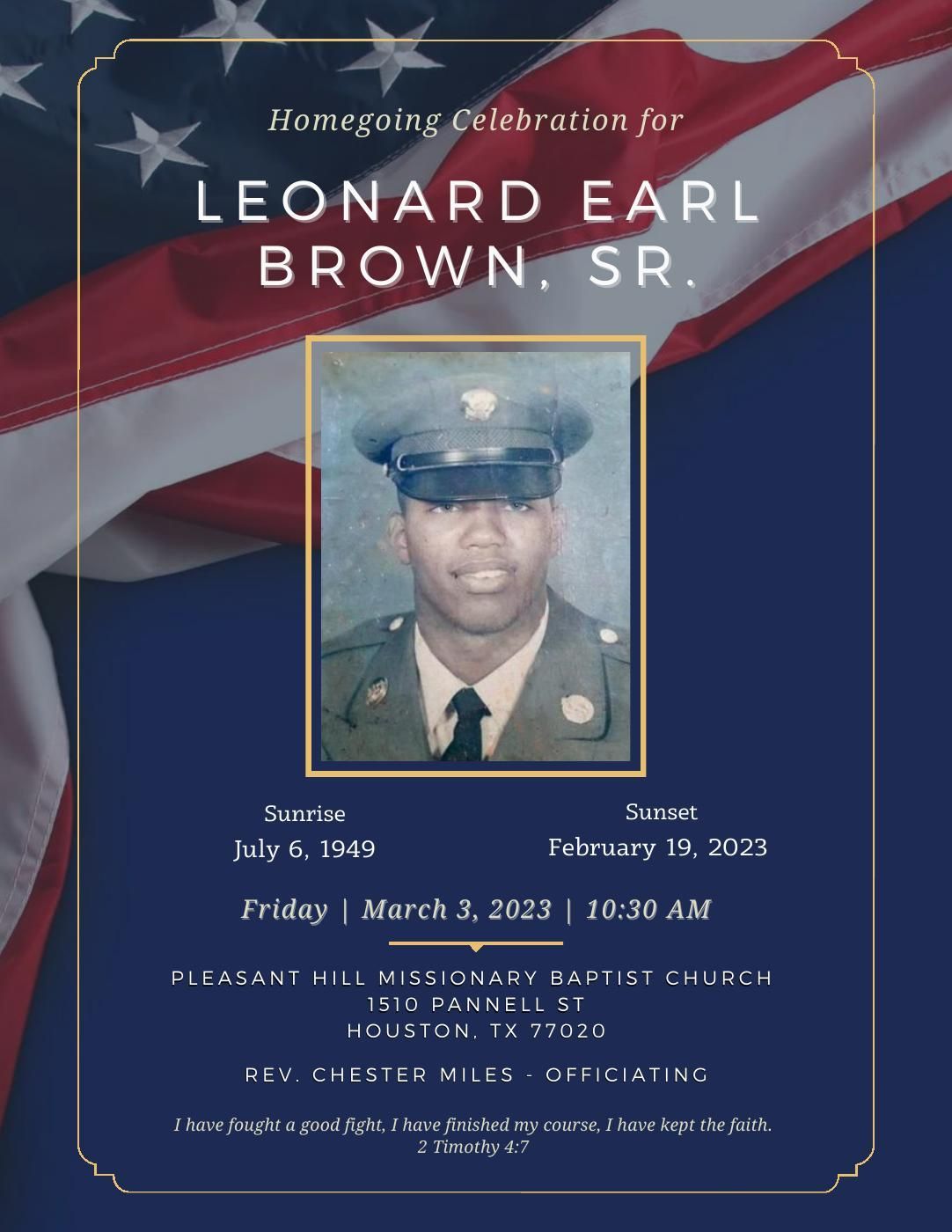 Memorial announcement for Leonard Earl Brown, Sr., with photo, date of birth and death, and service details.