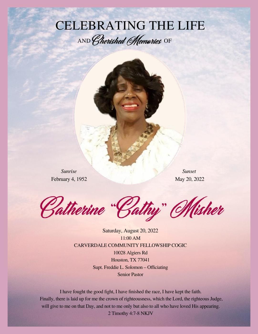 Memorial service program cover with photo of Catherine