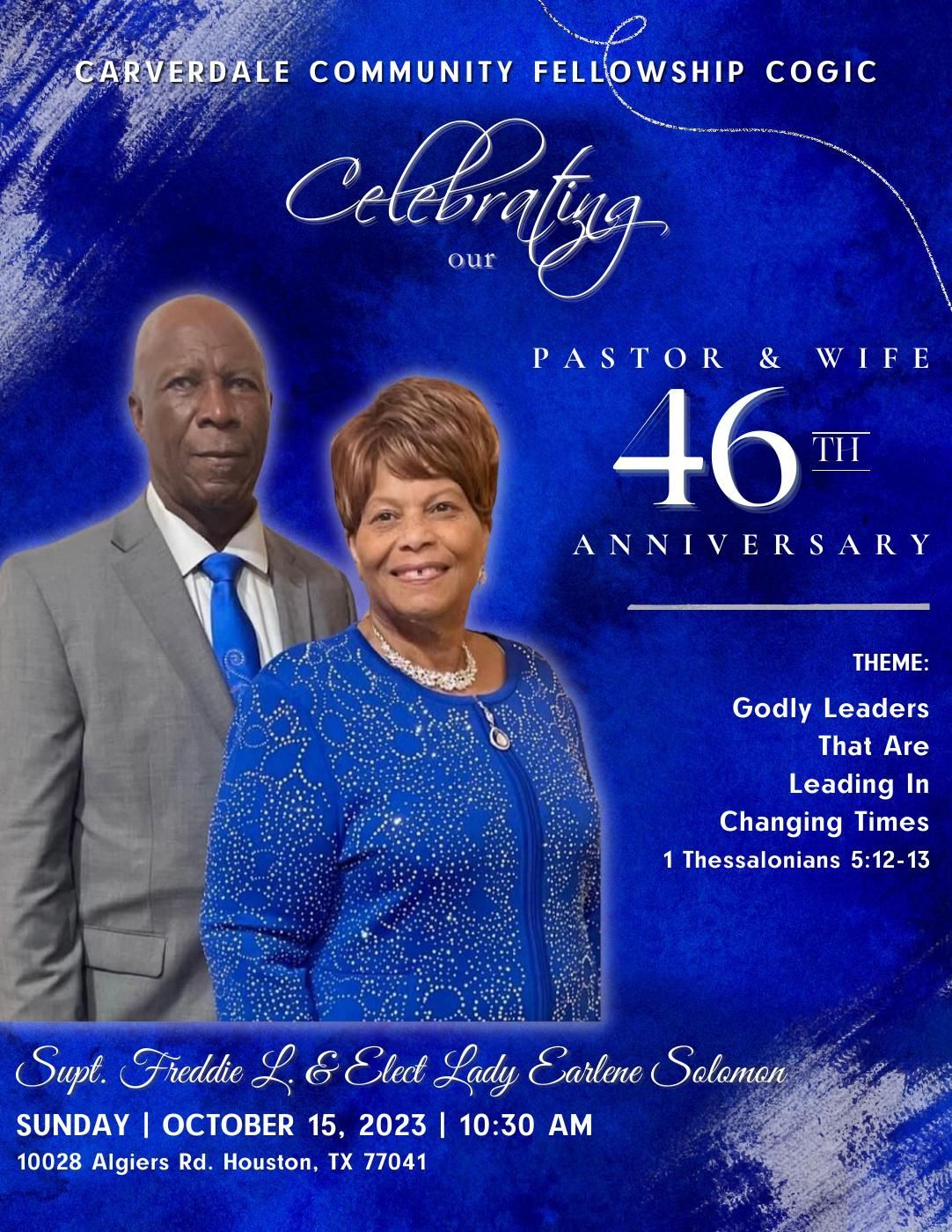 Pastor and Wife's 46th anniversary program with blue background, silver accents, and white text.