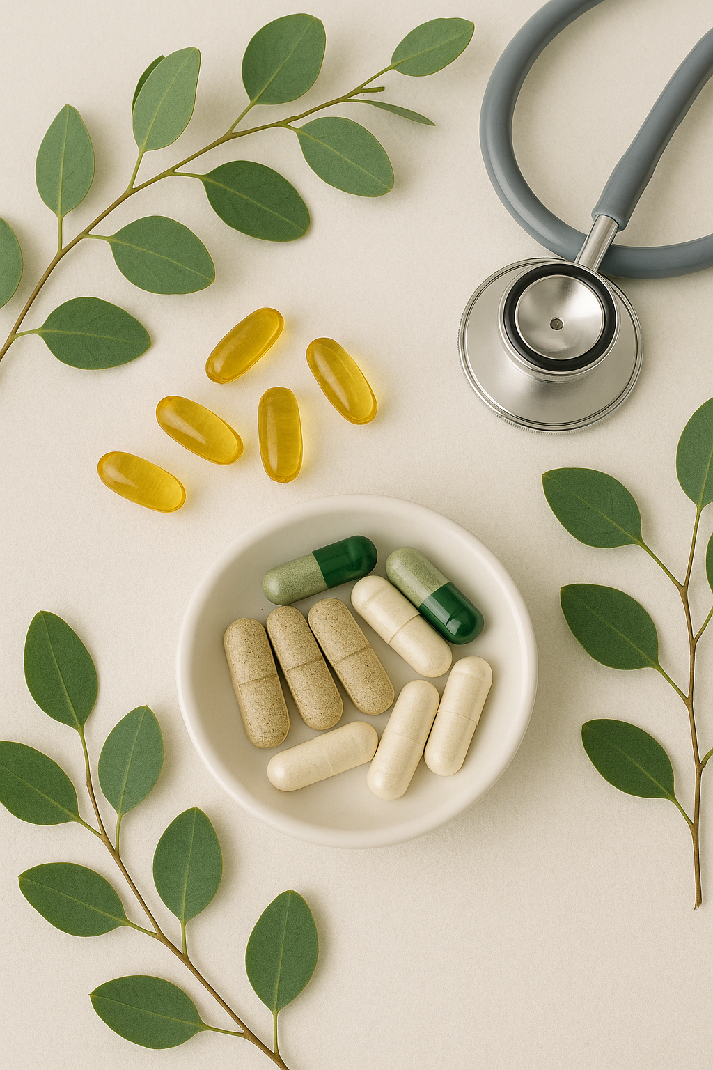 Stethoscope, capsules, and sprigs of greenery arranged on a cream surface.