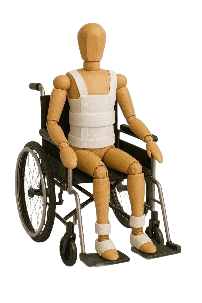 Un manichino di legno su una sedia a rotelle, con cinghie bianche sul petto, sui polsi e sulle caviglie.