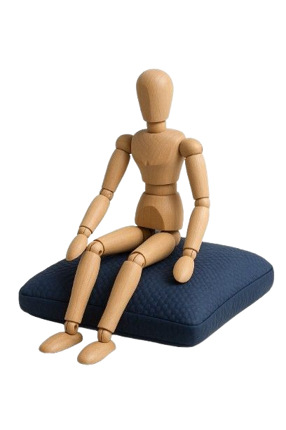 Un manichino da artista in legno è seduto su un cuscino quadrato blu scuro su sfondo bianco.