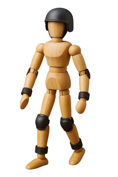 Un manichino di legno raffigurante un artista, in piedi, con indosso un casco nero, gomitiere, protezioni per i polsi, ginocchiere e protezioni per le caviglie.