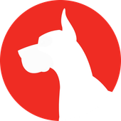 A dog with a leash around its neck is in a red circle.