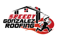 the logo for speedy gonzalez roofing shows a man running in front of a house .