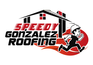 the logo for speedy gonzalez roofing shows a man running in front of a house .