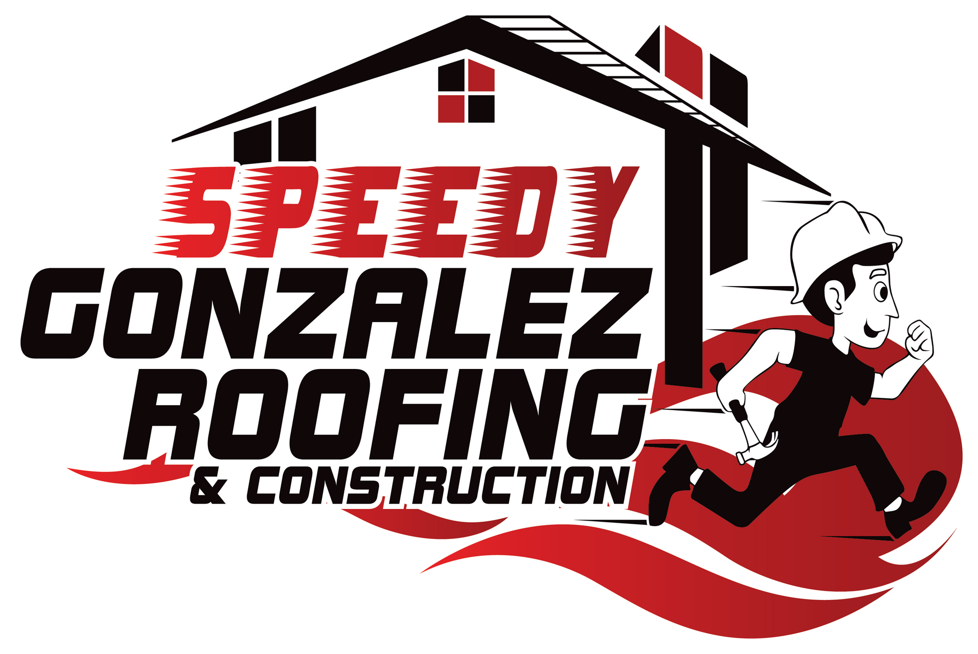 the logo for speedy gonzalez roofing shows a man running in front of a house .