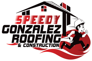 the logo for speedy gonzalez roofing shows a man running in front of a house .