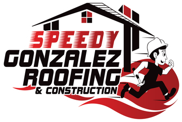 the logo for speedy gonzalez roofing shows a man running in front of a house .