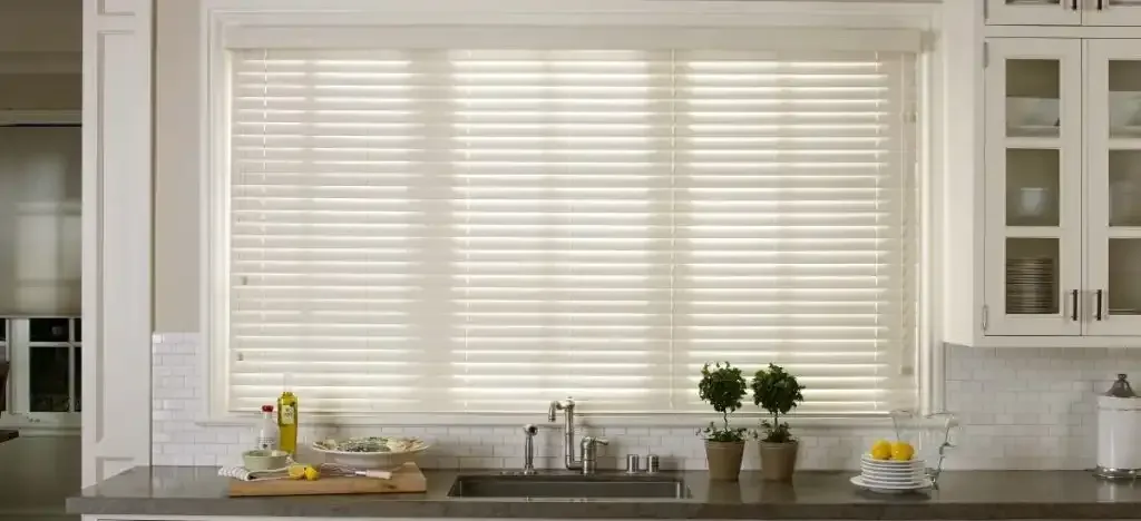 Kitchen window with blinds over a sink, countertop with plants and kitchenware, white cabinets.