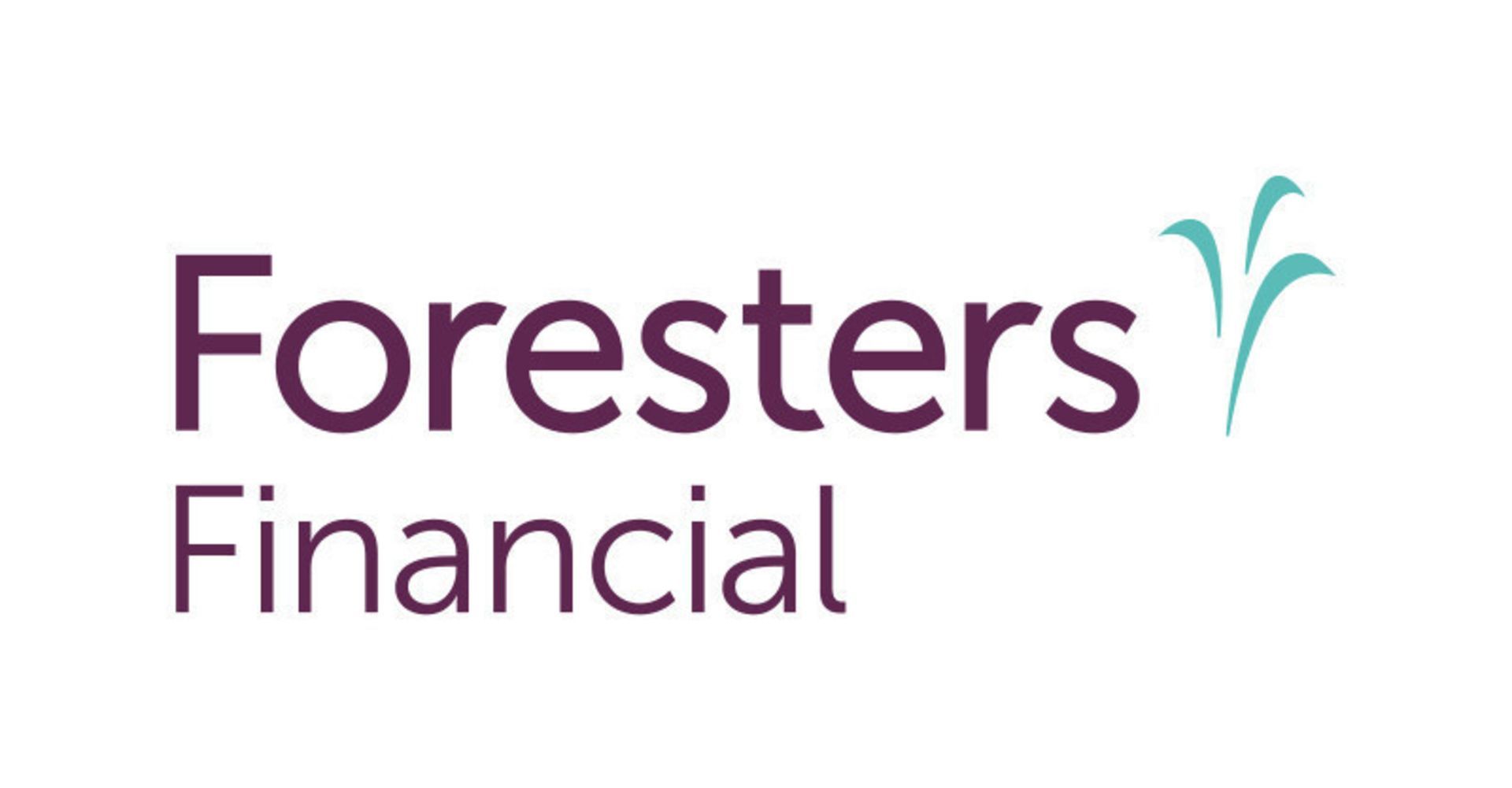 Foresters Financial logo: purple text with a teal plant symbol.