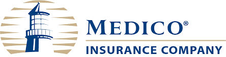 Logo of Medico Insurance Company with a blue lighthouse icon.