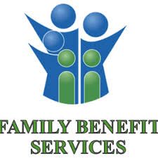 Logo for Family Benefit Services: Blue and green figures form a family shape with three blue spheres and two green ovals.