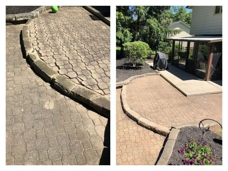 Before and after photos of a brick patio; left side is faded and cracked, right side is cleaned.