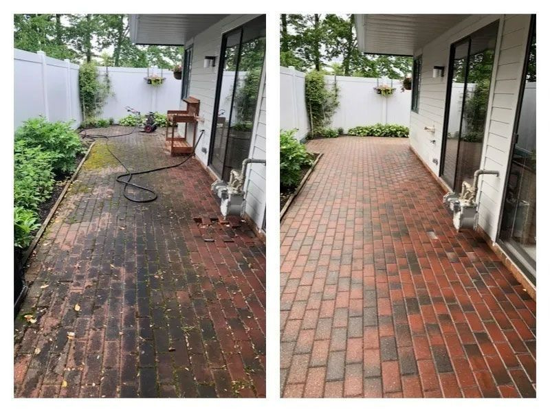 Before and after brick patio cleaning. Dirty bricks on the left, clean red bricks on the right.