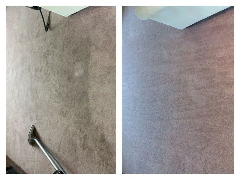 Carpet cleaning: a section of stained carpet before (left) and after (right) cleaning, showing color and texture difference.