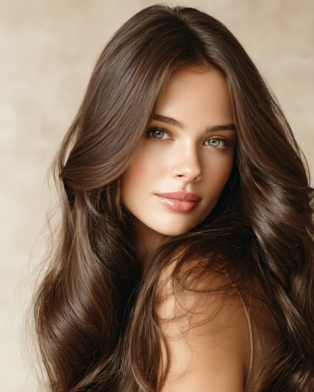 Frau mit langem, gewelltem braunem Haar und hellen Augen, die den Betrachter anschaut.