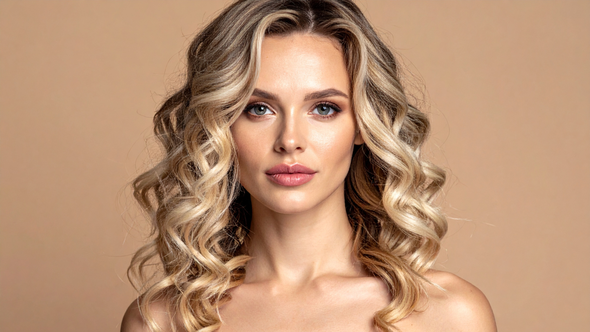 Frau mit welligem blonden Haar und heller Haut schaut in die Kamera, neutraler Hintergrund.