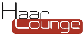 Haar Lounge-Logo mit schwarzer Schrift auf weißem Grund und weißer Schrift auf rotem Rechteck.