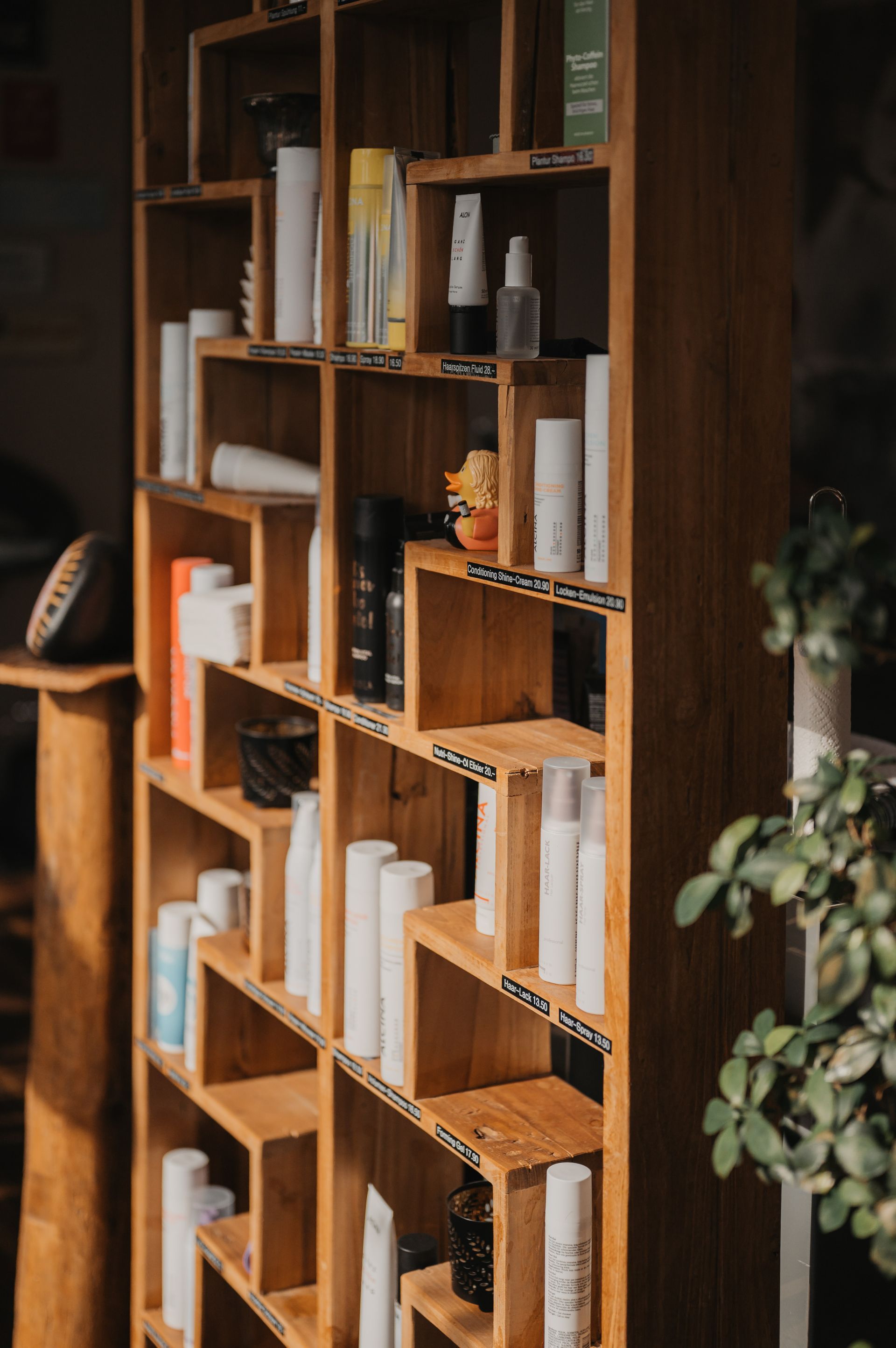 Ein hölzernes Regal, gefüllt mit verschiedenen weißen und bunten Produktflaschen und einer kleinen Pflanze.