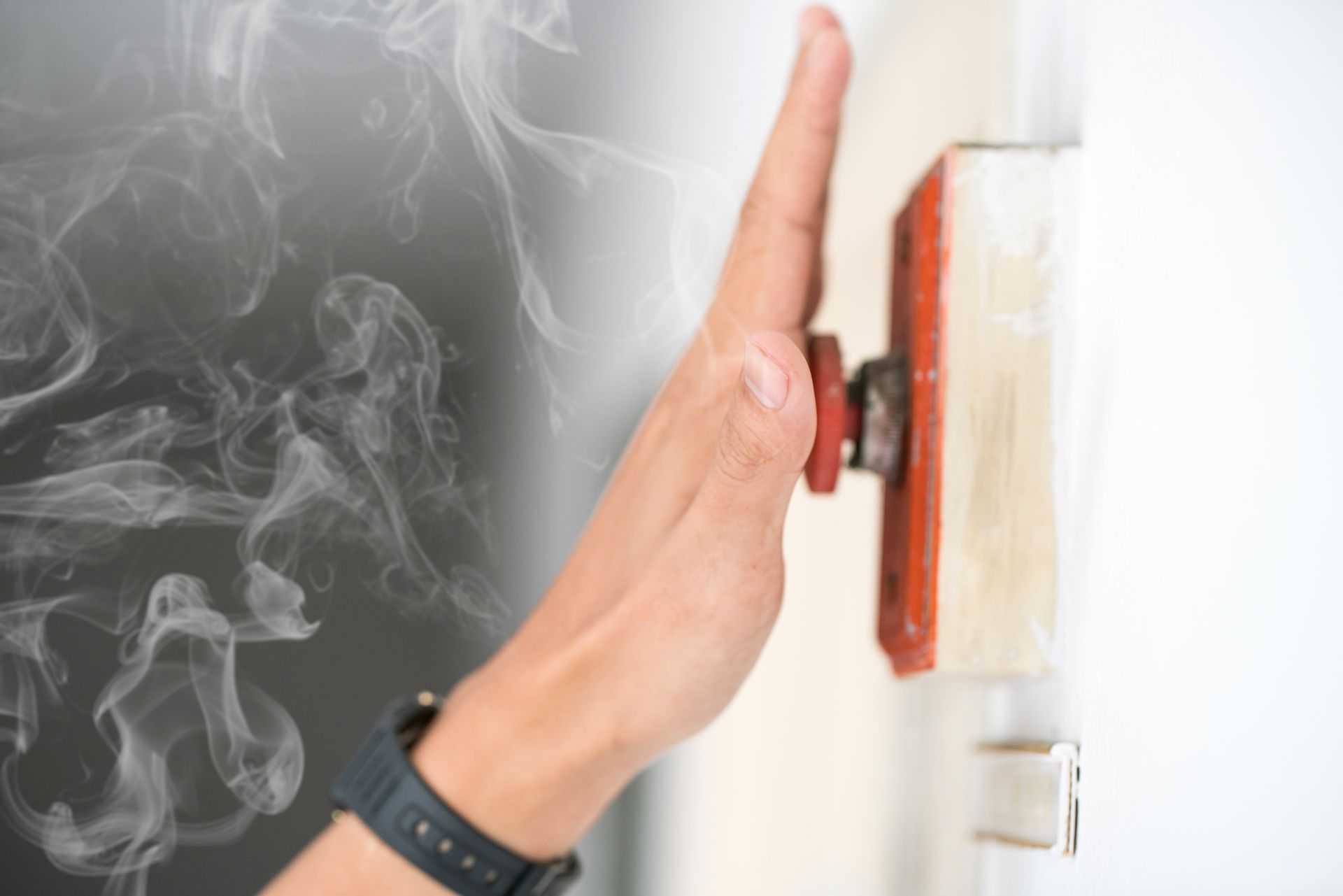 The hand of a man is pushing a fire alarm on the wall.