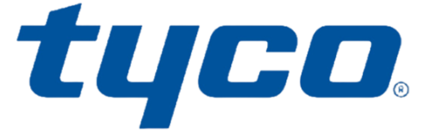 A blue and white logo for Tyco on a white background
