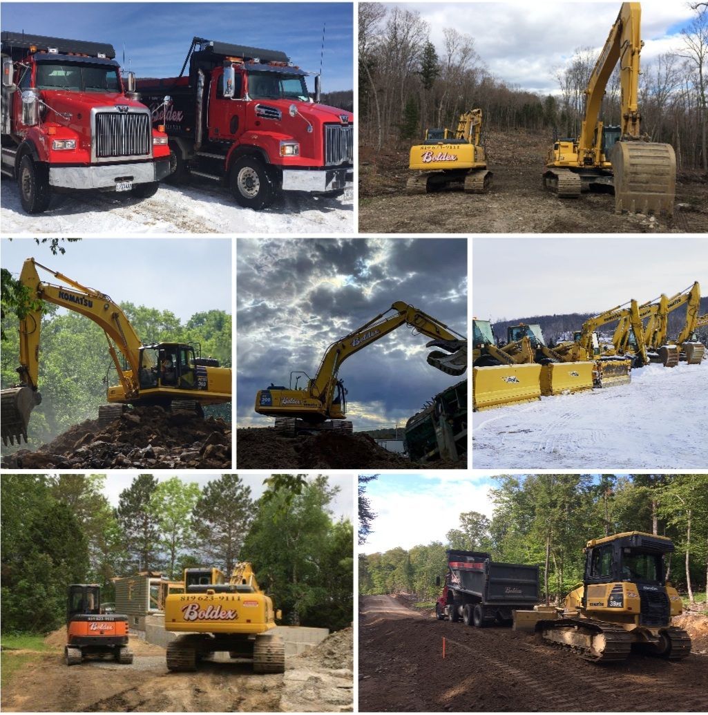 Collage d'engins de chantier : camions-bennes rouges, excavatrices jaunes et bulldozer en activité à l'extérieur.
