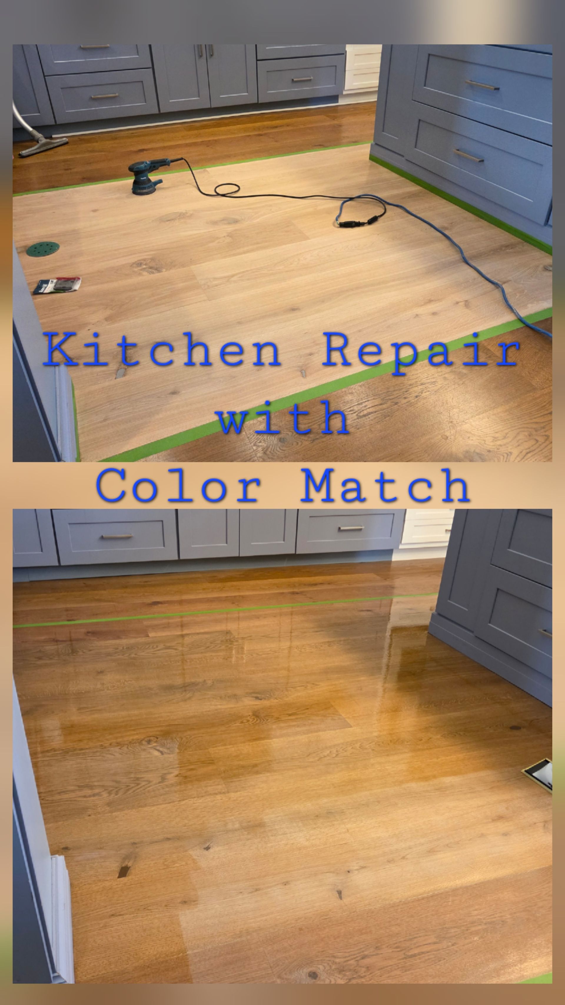 Before and after shots of a kitchen floor repair showing raw wood sanded down and then stained to match the surrounding area.