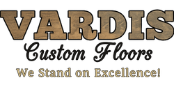 Logo for Vardis Custom Floors, featuring the text "VARDIS" in wood-grain lettering and the slogan "We Stand on Excellence!"
