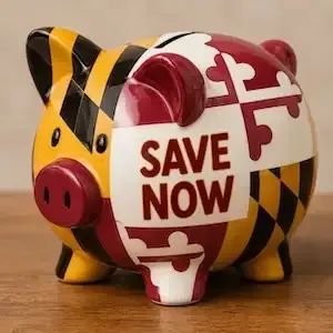 Maryland flag piggy bank with “SAVE NOW” text on a wooden surface
