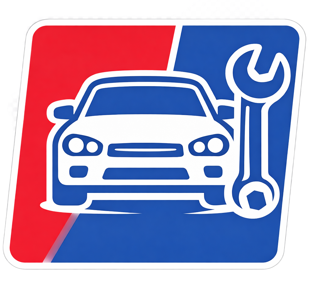 Icona di un'auto e di una chiave inglese con sfondo rosso/blu, che suggerisce servizi di riparazione auto.