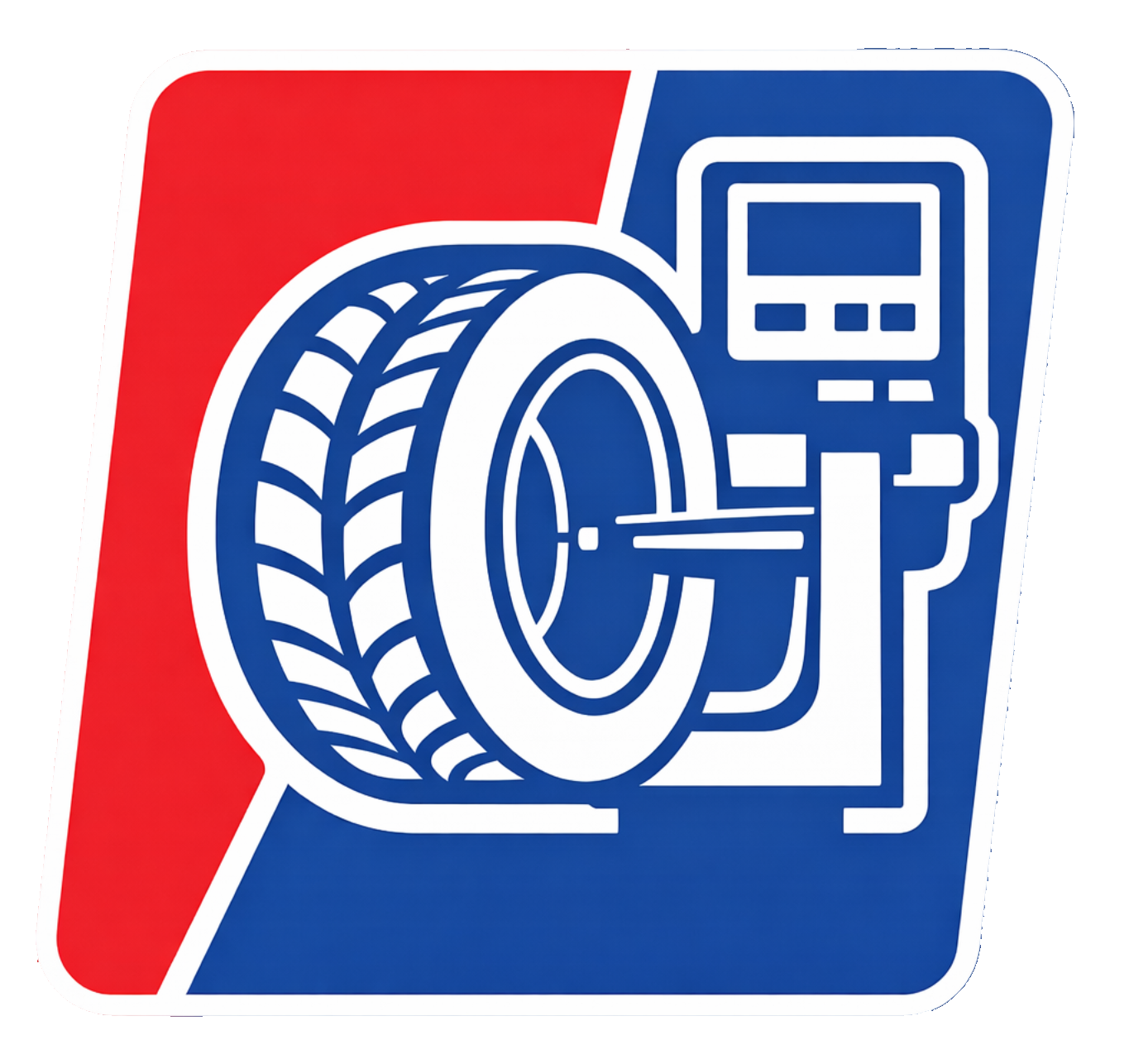 Logo di una macchina per l'allineamento di pneumatici e ruote, su sfondo rosso e blu.