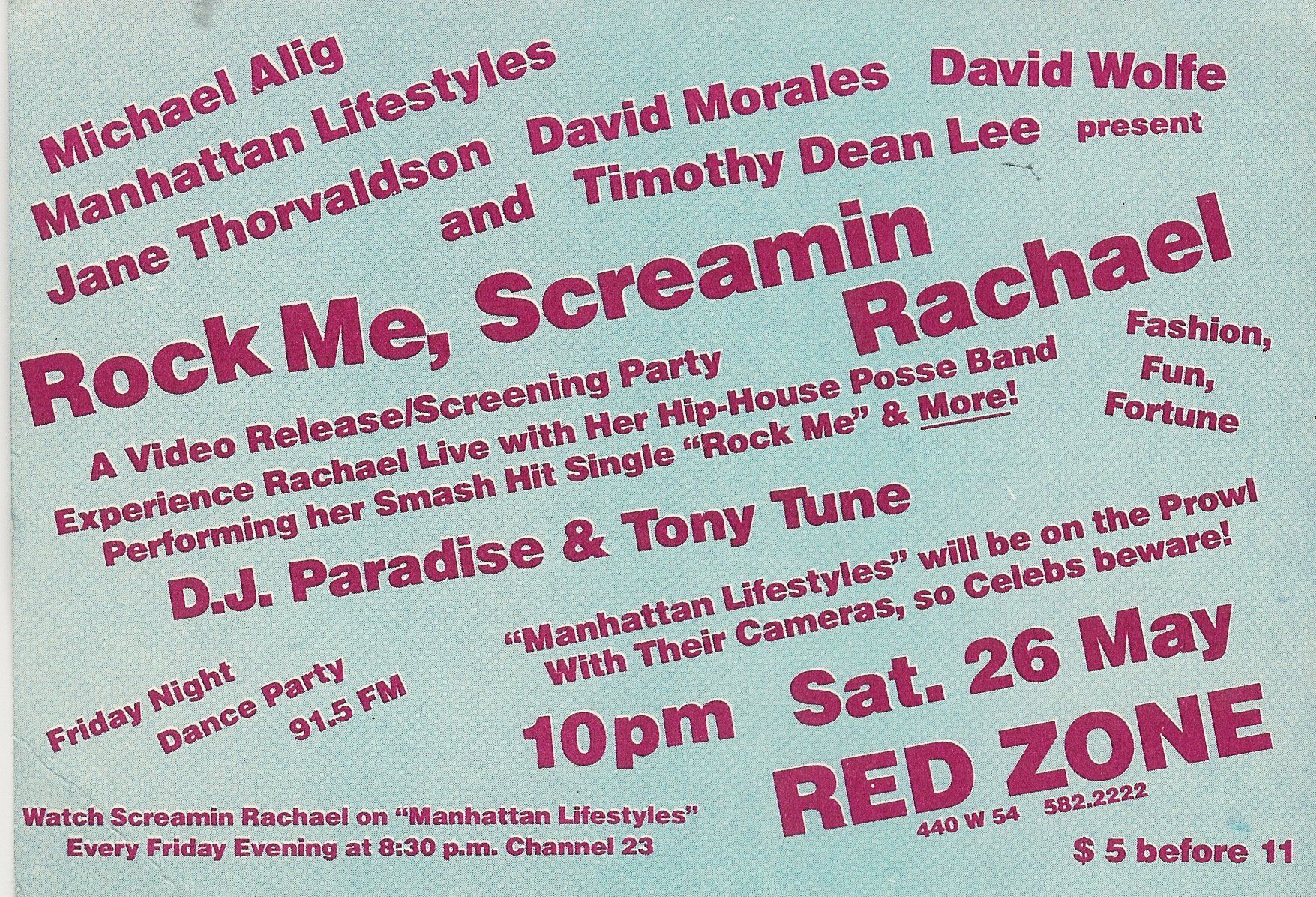 A poster for a rock me screamin party at the red zone