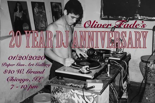 A black and white photo of a shirtless man playing a record titled 20 year dj anniversary
